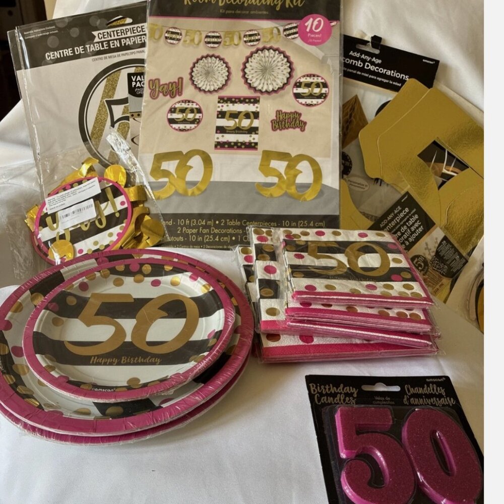 Lot of 50th Happy Birthday Party Supplies Decorations Plates, Napkins, Banners